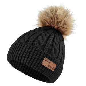 Caciula Iarna pentru Copii, ASKSA, Tricotata cu un pompon, Negru