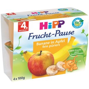 Gustare cu Fructe HIPP Banane si Mere, 4 x 100 g, de la 4 luni