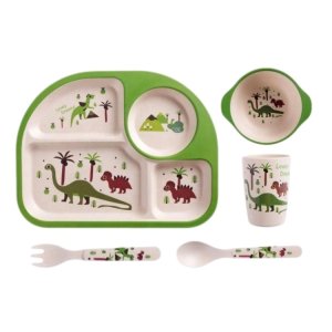 Set de masa si tacamuri pentru copii din fibra de bambus, FizioTab® Kids Dino - Farfurie 4 compartimente, cana, bol, furculita si lingurita, serviciu de masa bebe, set hranire Dinosaur 5 piese, vesela mic dejun, pranz, cina