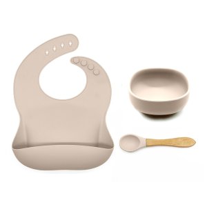 Set hranire bebe din silicon, 1 baveta, 1 bol cu ventuza, lingurita din silicon cu maner din bambus, anti-alunecare, diversificare, fara alergeni, beige