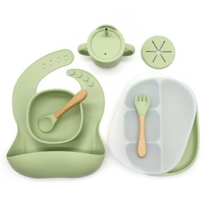Set hranire bebe din silicon, 1 baveta, 1 farfurie compartimentata, 1 bol cu ventuza, lingurita si furculita, cana gustari, fara alergeni, olive